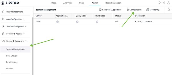 Alt text: "Sisense admin page shows Server & Hardware settings under System Management. Node1 listed with status 'Up', 8 cores, 31 GB RAM configuration."