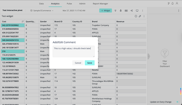 Spreadsheet screenshot with data on costs, quantities, brands, and revenue. A pop-up comment box reads, 