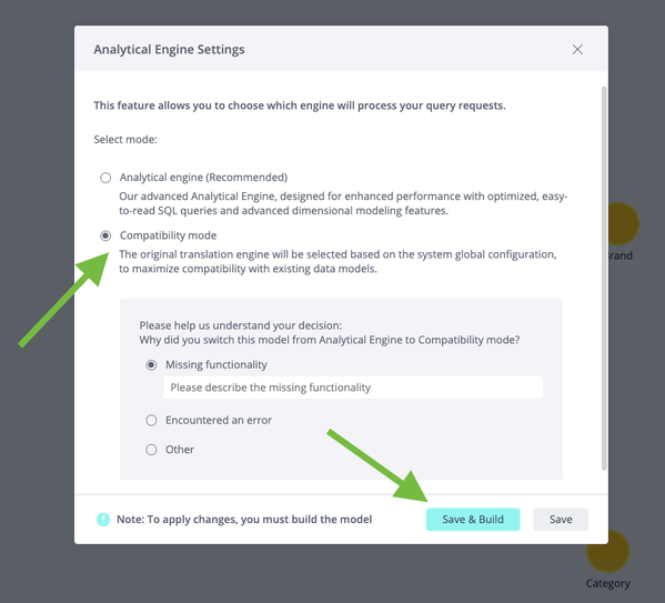 Dialog box titled "Analytical Engine Settings" with options for "Analytical engine" and "Compatibility mode" selected. Green arrows point to "Compatibility mode" and "Save & Build" button.