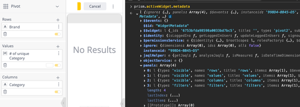 Widget Editor panel and console logging widget metadata screenshot