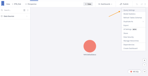 A dashboard interface with a main menu and data source list on the left. The center shows a large red circle labeled "VehicleEtaStatus." An arrow points to a dropdown menu in the upper right corner labeled "Publish," suggesting further options. The tone is professional and data-focused.