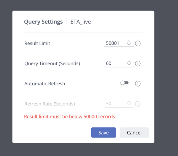 Query settings window titled "ETA_live" with options: Result Limit set to 50001, exceeding 50000 limit, a warning in red text. Includes Save and Cancel buttons.