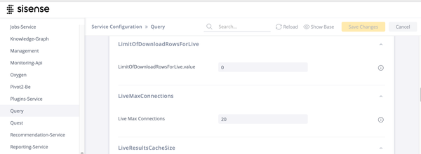User interface of a configuration page in Sisense, showing settings for live data queries with options for downloads and max connections highlighted.