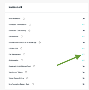 Settings menu with toggles for various management options. A green arrow points to the "Git Integration" toggle, switched on. Clean, functional design.