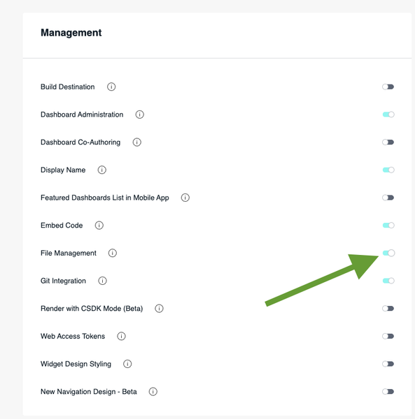 Settings menu with toggles for various management options. A green arrow points to the "Git Integration" toggle, switched on. Clean, functional design.
