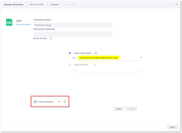A screenshot of a software interface for changing a CSV data connection. It shows input folder path options and a highlighted "Union Selected" toggle.
