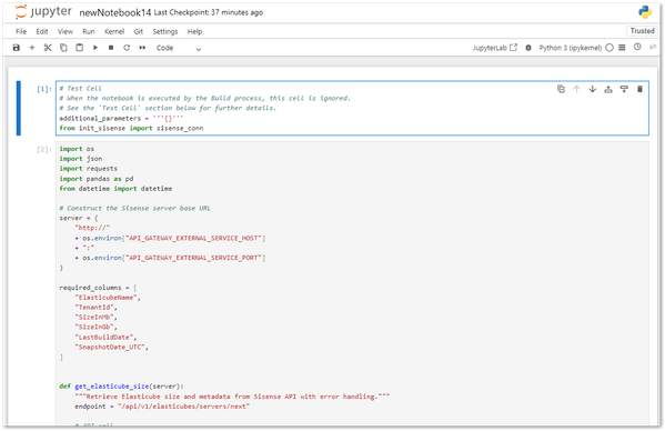 Screenshot of a Jupyter Notebook showing Python code. Two code cells are visible with imports and function definitions for interacting with a Sisense API.