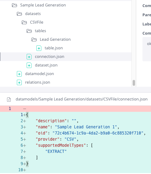 A screenshot displays a file directory on the left with JSON files related to "Sample Lead Generation" and a highlighted code snippet on the right. The code details include the name and provider as "CSV," and supported model types like "EXTRACT." The tone is technical and structured.