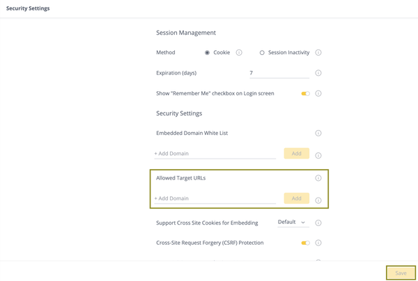 Alt text: "Security settings interface showing session management options, security settings for domain lists, and controls for adding target URLs. Emphasis on a clean, technical layout with a focus on input fields and toggle switches."